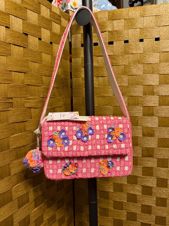 Marshalls Handbags - Marshalls Pink Woven Shoulder Bag with Purple & Orange Floral Appliqués